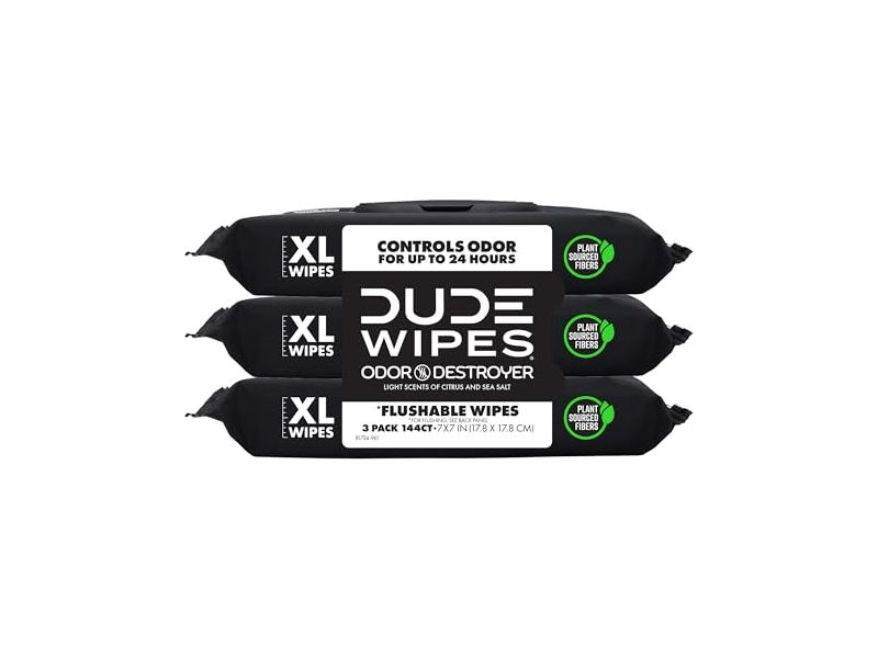 DUDE Wipes Odor Destroyer Flushable Wipes, Extra-Large, Pack Of 3, 144 Count