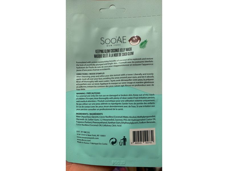 Sooae Keeping Glow Jelly Mask, Coconut, 0.35 oz/10 g