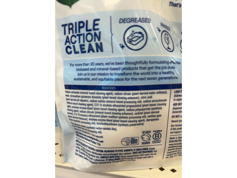 Seventh Generation Triple Action Clean Dishwasher Detergent Packs, Free & Clear, 21.3 oz/604 g, 38 Count