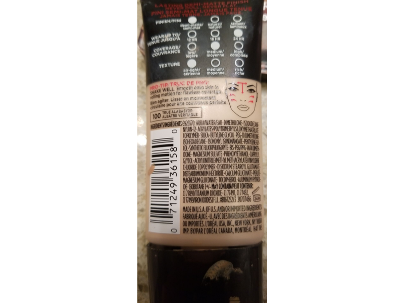 L'Oreal Paris Infallible Pro-Matte Foundation, True Alabaster 100, 1 fl oz/30 mL
