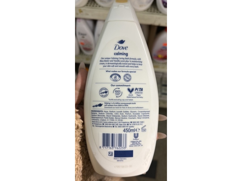 Dove Calming Caring Bath Moisturising Cream, Shea Butter And Vanilla Scent, 450 mL