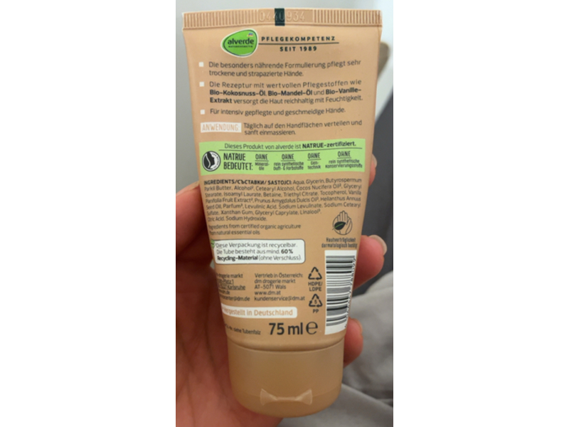 Alverde Hand Cream, Vanilla Extract, 75 mL