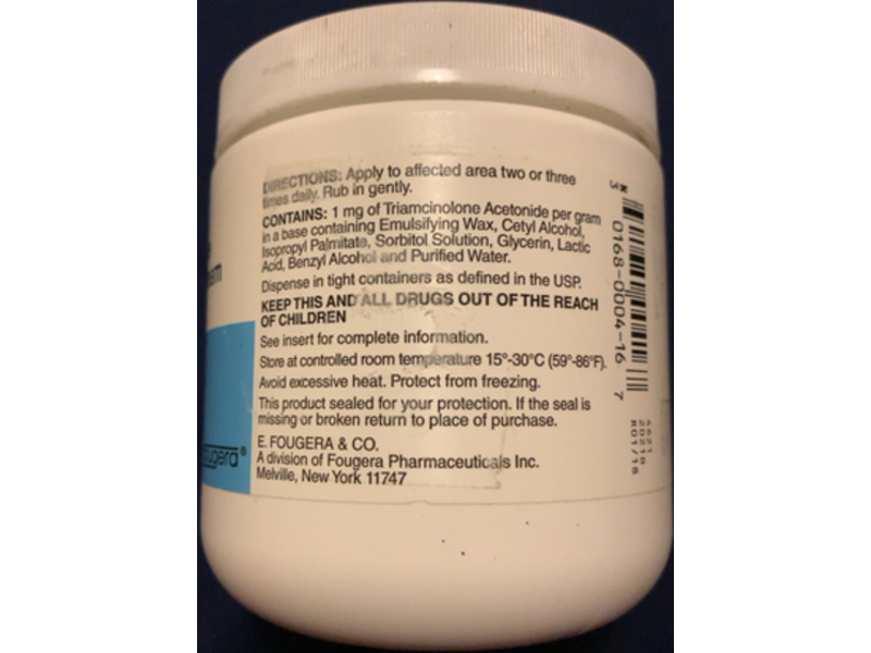 Triamcinolone Acetonide Cream, 0.1%, 453.6 g / 1 lb, Fougera (Rx)
