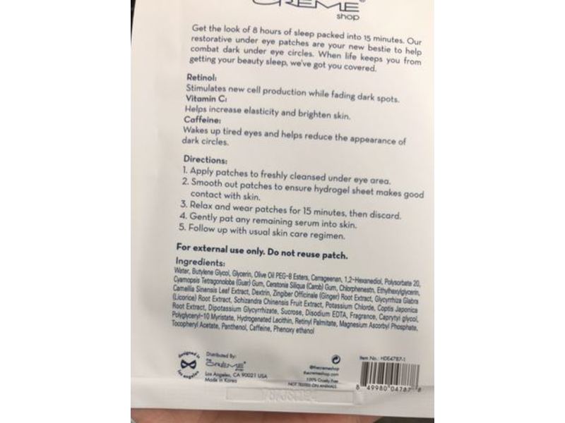 The Creme Shop Rested Hydrogel Under Eye Patches, 0.14 oz/4 g, Pack Of 3