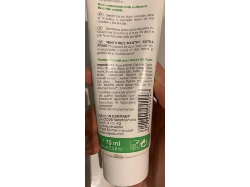 Logodent Daily Care Peppermint Toothpaste, Extra Fresh, Fluoride Free, 2.5 fl oz/75 mL