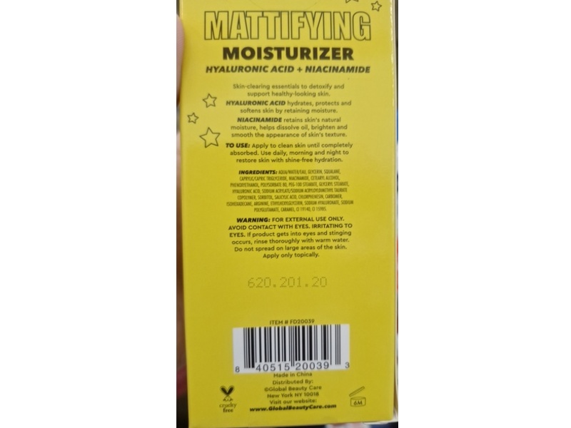 Global Beauty Care Mattifying Moisturizer, Hyaluronic Acid + Niacinamide, 2.5 fl oz/74 mL
