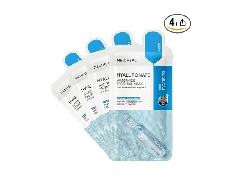Mediheal Essential Mask, Hyaluronate Watermide, 0.81 fl oz/24 mL, Pack Of 4
