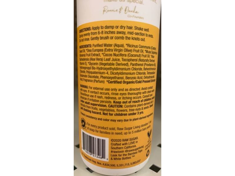 Raw Sugar Kids Leave in Conditioner Detangler, Banana + Coconut Milk, 6 fl oz/ 177 mL