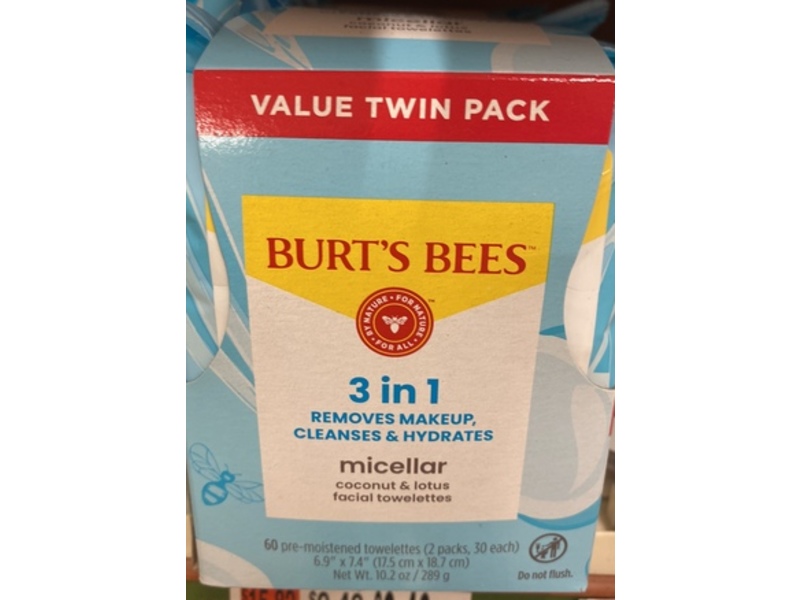 Burt's Bees 3 In 1 Micellar Facial Towelettes, Coconut & Lotus, 10.2 oz/289 g, 60 Count