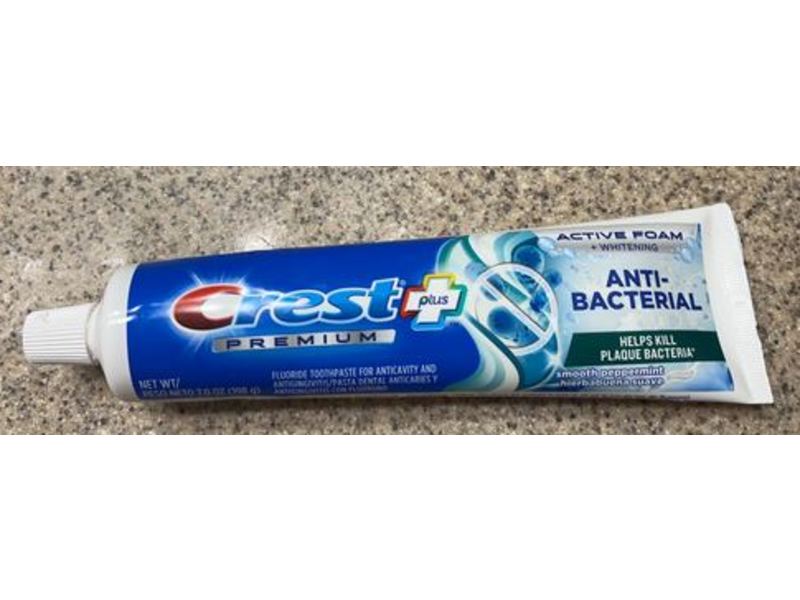 Crest Premium Plus Fluoride Toothpaste, Antibacterial, Active Foam + Whitening, Smooth Peppermint, 7 oz/198 g