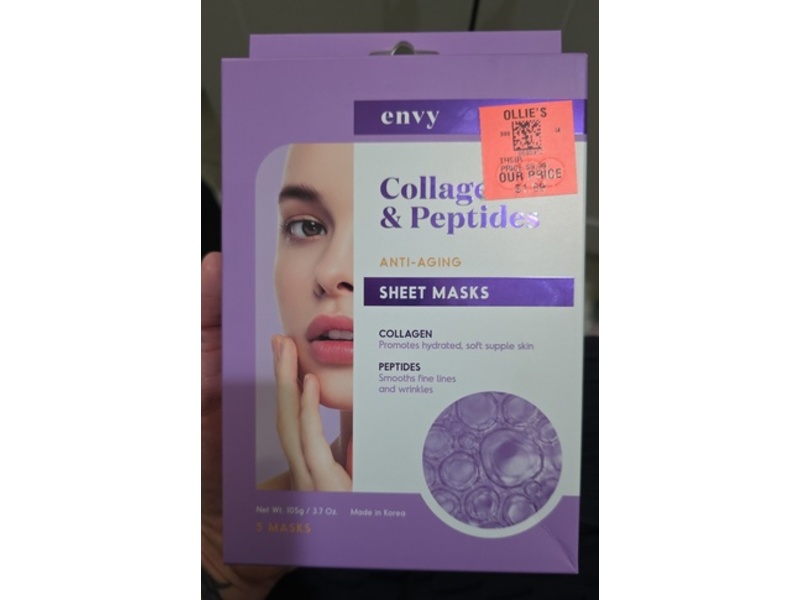 Envy Anti-Aging Sheet Face Mask, Collagen & Peptides, 3.7 oz/105 g, 5 Count
