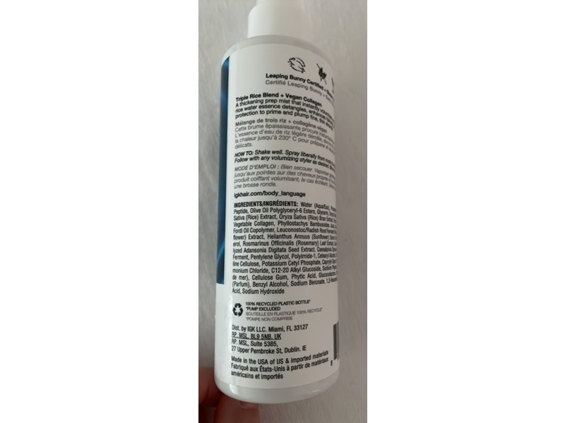 IGK Body Language Rice Water Plumping & Thickening Mist, 7 fl oz/207 mL
