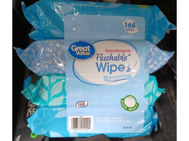 Great Value Hypoallergenic Flushable Wipes, Fresh Scent, 168 Wipes