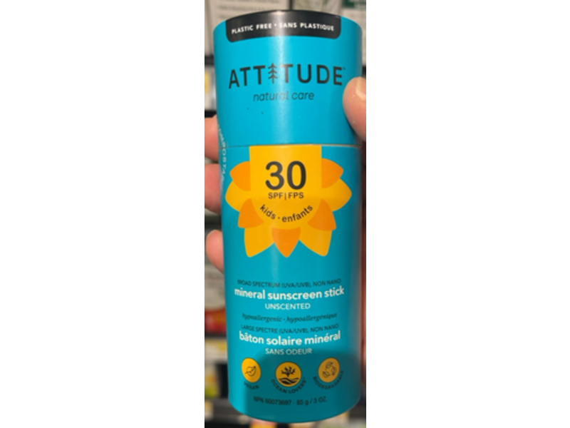 Attitude Kids Mineral Sunscreen Stick, Unscented, SPF 30, 3 oz/85 g