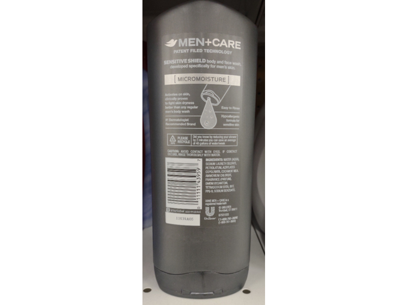 Dove Men + Care Micro Moisture Body & Face Wash, Sensitive Shield, 13.5 fl oz/400 mL, Pack Of 3