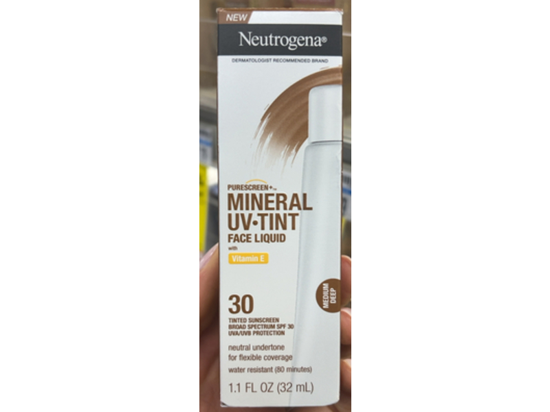 Neutrogena Purescreen+ Mineral UV Tint Face Liquid Sunscreen, Medium Deep, SPF 30, 1.1 fl oz/32 mL