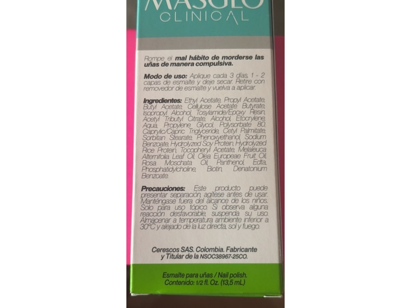 Masglo Anti-Mordidas Pro-Crecimiento Base Nail Polish, Translucent, 2 fl oz/13.5 mL