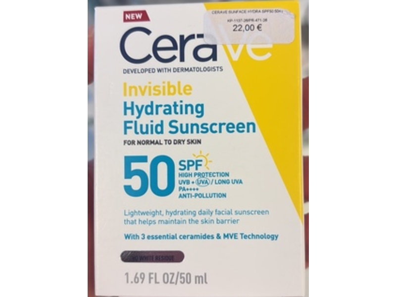 Cerave Invisible Hydrating Fluid Sunscreen, Spf 50, 1.69 fl oz/50 mL