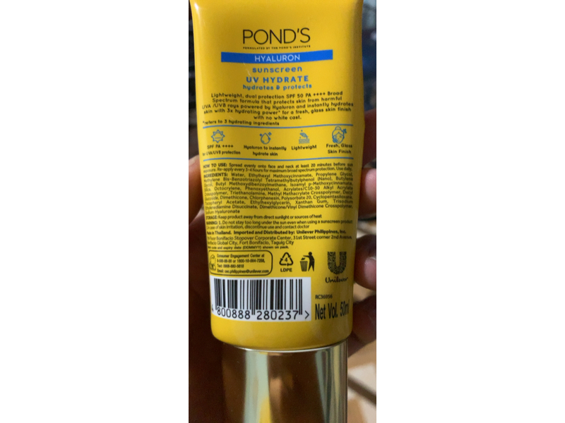 Pond's Hyaluron Sunscreen, SPF 50 PA ++++, UV Hydrate, 50 mL