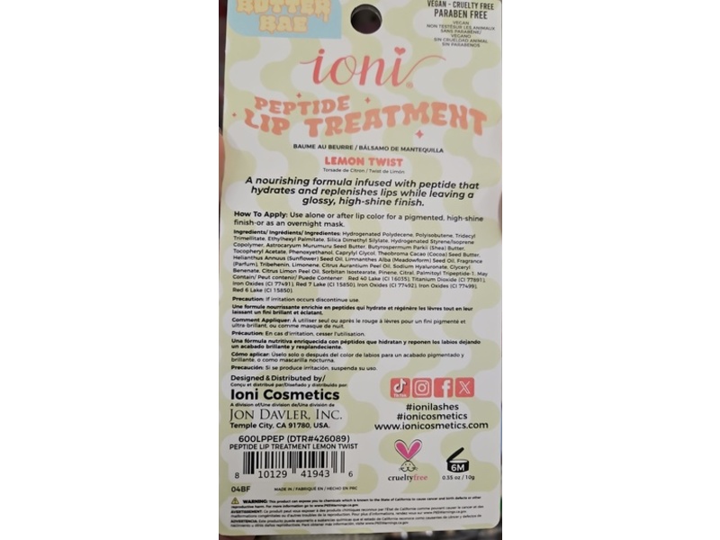 Ioni Peptide Lip Treatment, Lemon, 0.35 oz/10 g