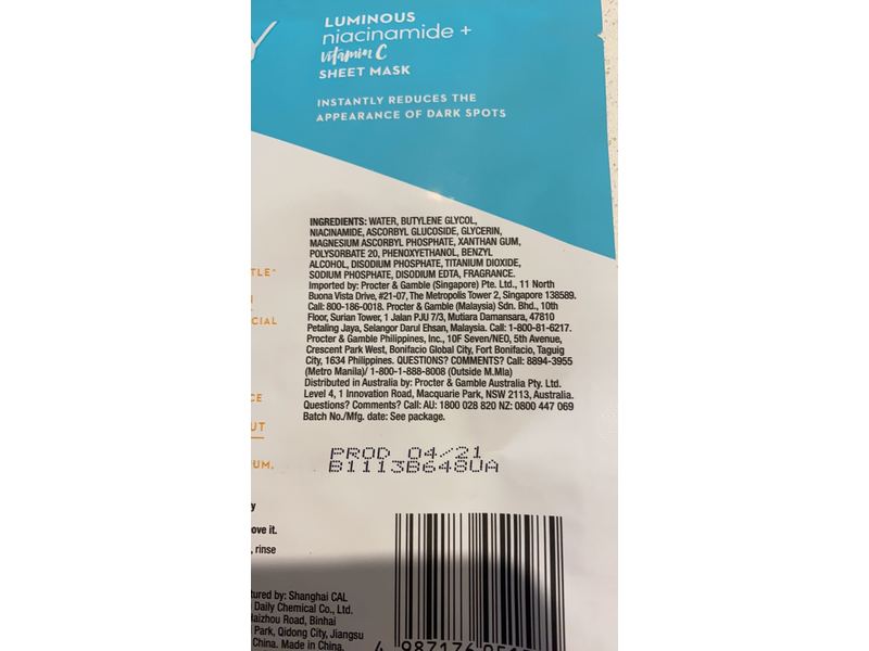 Olay Luminous Niacinamide + Vitamin C Sheet Mask, 1 Count