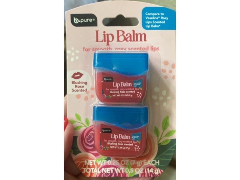 B.pure Lip Balm, Blushing Rose Scented, Moisturizing, 0.25 oz/7 g, Pack Of 2