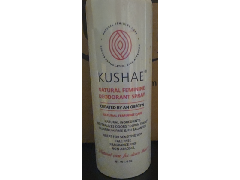 Kushae Natural Feminine Deodorant Spray, Fragrance Free, 4 oz