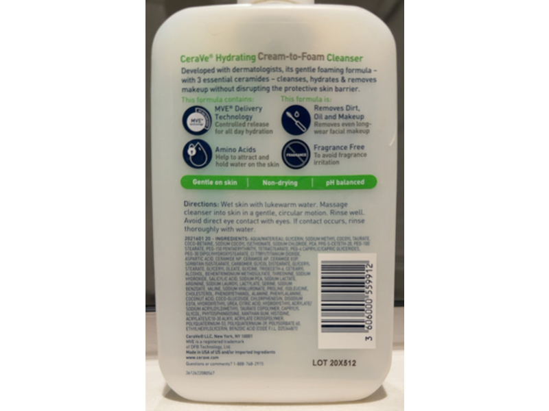 CeraVe Hydrating Cream-To-Foam Cleanser, 3 Essential Ceramides + Amino Acid & Hyaluronic Acid, 16 fl oz/473 mL