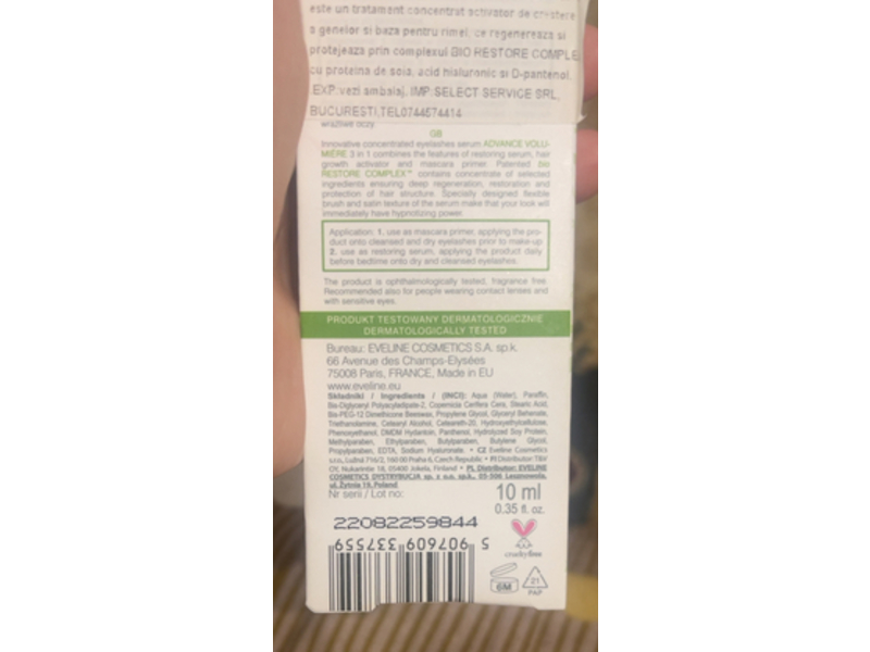 Eveline Advance Volumiere Eyelashes Concentrated 3 In 1 Serum, 0.35 fl oz/10 mL