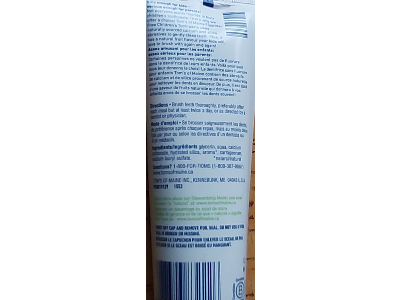 Tom's Of Maine Fluoride Free Children's Toothpaste' Silly Strawaberry, 90 mL