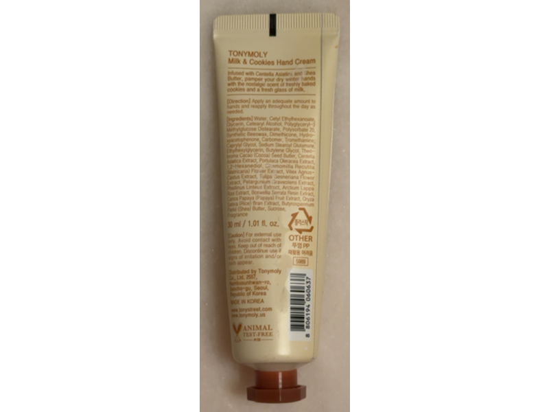 TonyMoly Hand Cream, Milk & Cookies, 1.01 fl oz/30 mL
