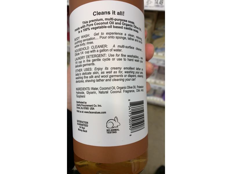 Harmon Face Values Pure Castile Liquid Soap, Coconut, 32 fl oz/946 mL