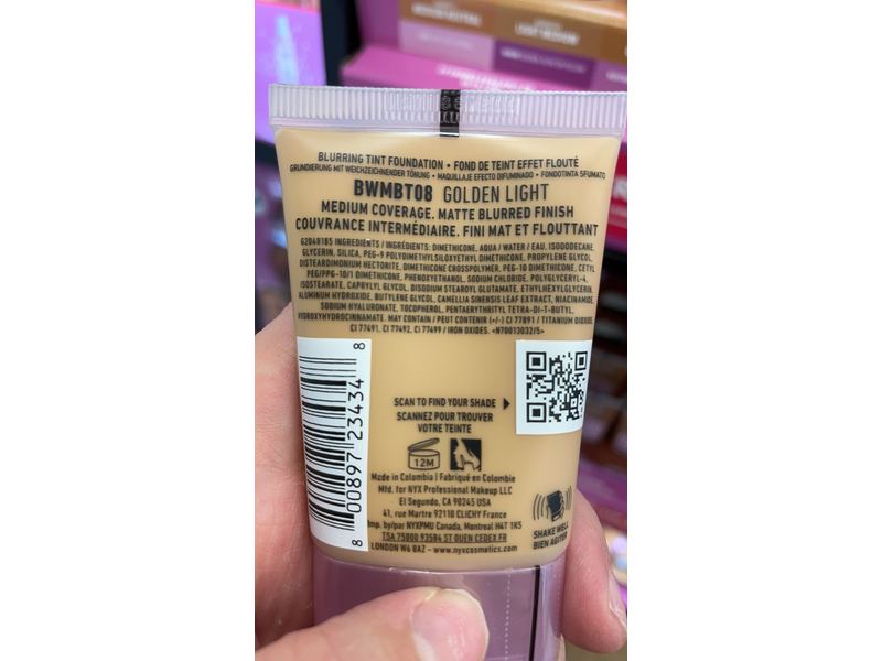 NYX Proffesional Makeup Bare With Me Blur FoundatIon, 08 Golden Night, 1.01 fl oz/30 mL