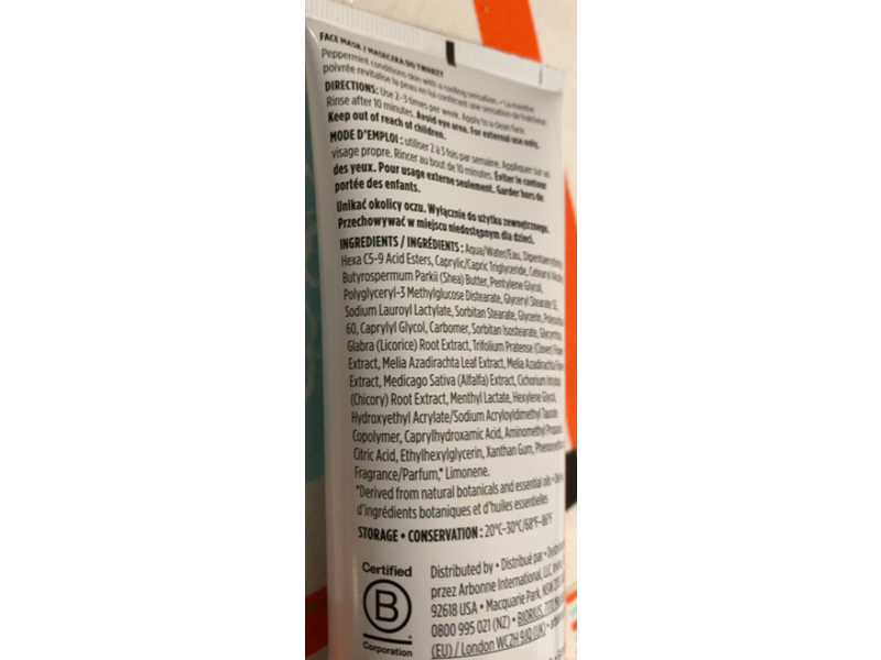 Arbonne Instant Cooling Moisture Mask, Peppermint, 5 oz/142 g