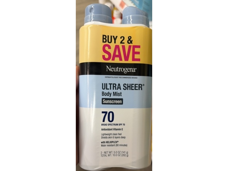 Neutrogena Ultra Sheer Body Mist Sunscreen, SPF 70, 5 oz/141 g, Pack Of 2