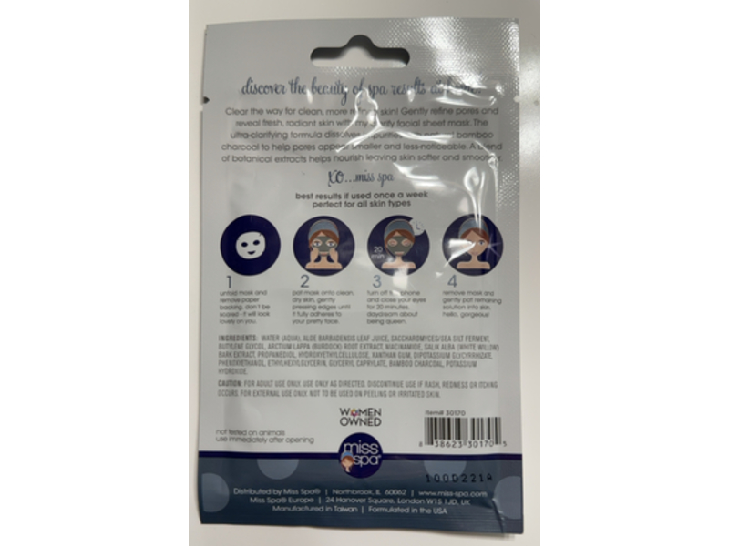 Miss Spa Clarifying Facial Sheet Mask, Bamboo Charcoal, Clean & Reveal, 0.88 oz/25 g