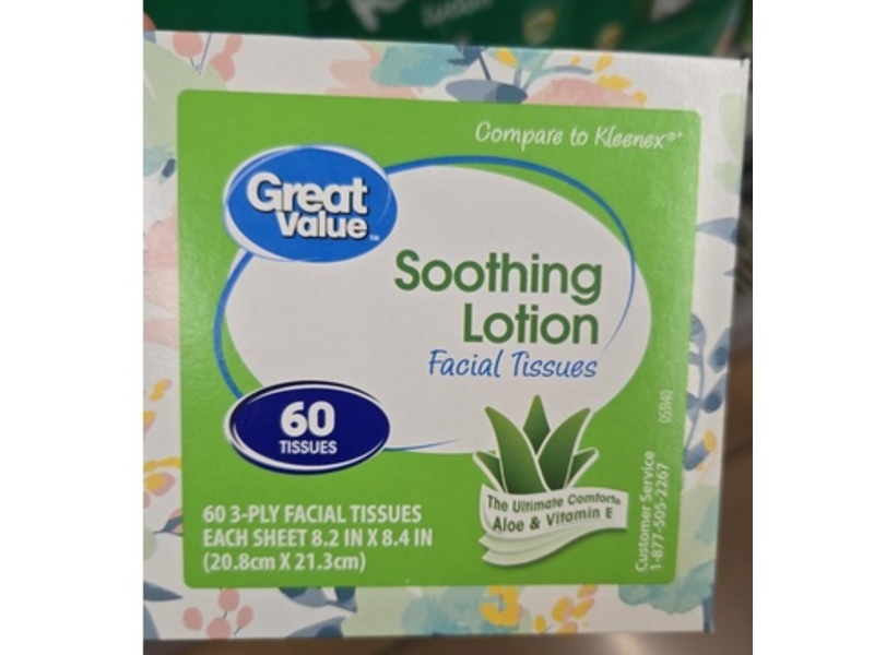 Great Value Soothing Lotion Facial Tissues, Aloe & Vitamin E, Count 60