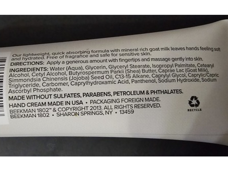 Beekman 1802 Pure Hand Cream, Goat Milk, 3.4 oz/100 mL