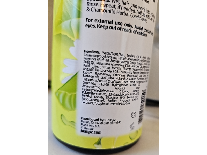 Hempz Gentle Cleansing Herbal Shampoo, Tea Tree & Chamomile, 33.8 fl oz/1 L