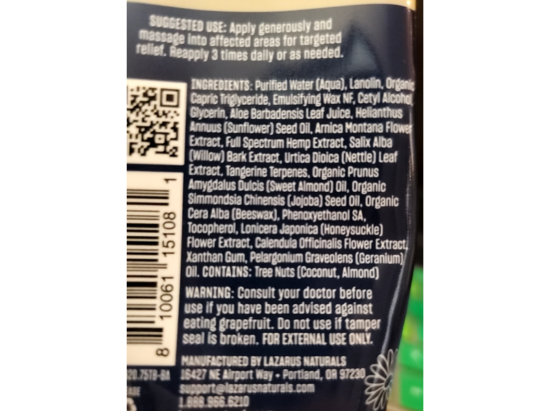 Lazarus Naturals Recover Cbd Bruise & Injury Cream, Arnica & Nettle Extract, 2.5 fl oz/75 mL