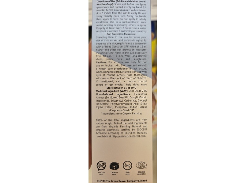 Green Beaver Mineral Sunscreen Spray, SPF 27, 90 mL