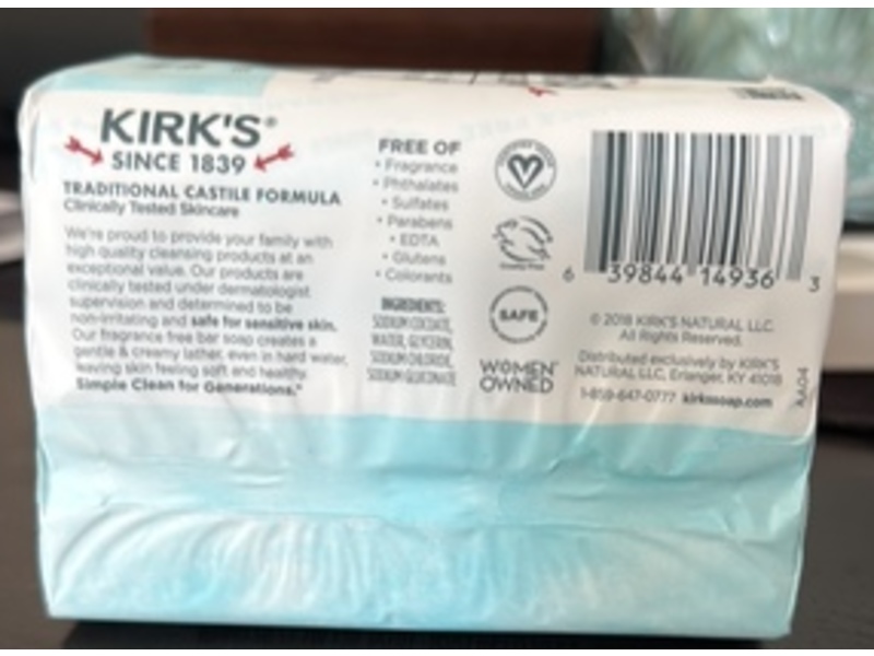Kirk's Castile Soap, Fragrance Free, 4 oz/113 g, Pack Of 3