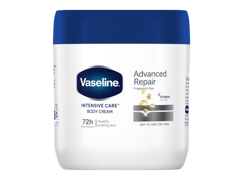 Vaseline Advanced Repair Intensive Care Body Cream, Fragrance Free, Vitamin A & B5, 13.52 fl oz/400 mL