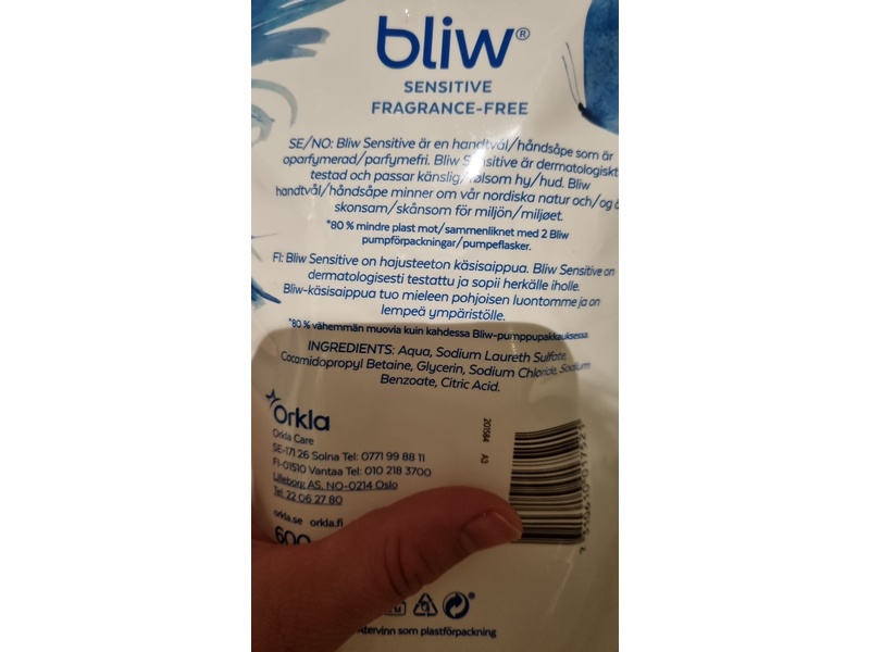 Orkla Bliw Sensitive Liquid Soap Refill, 600 mL