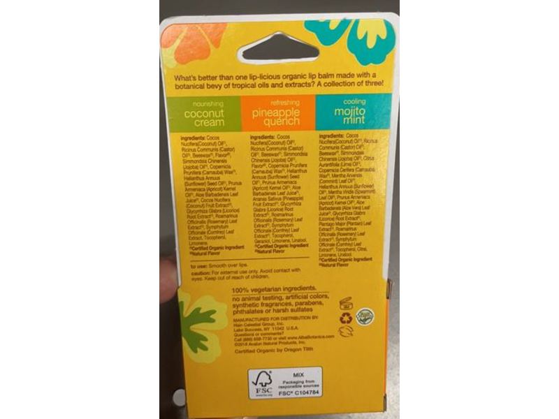 Alba Botanica Hawaiian Organic Lip Balm, Nourishing Coconut Cream, Refreshing Pineapple Quench & Cooling Mojito Mint, 0.45 oz/12.6 g