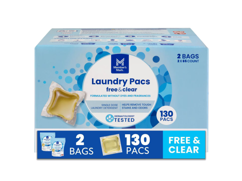 Member's Mark Laundry Pacs, Free & Clear, 2 Bags, 130 Pacs