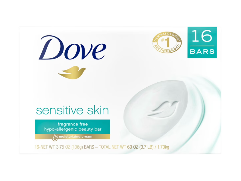 Dove Sensitive Skin Beauty Bar, 3.75 oz/106 g, Pack of 16