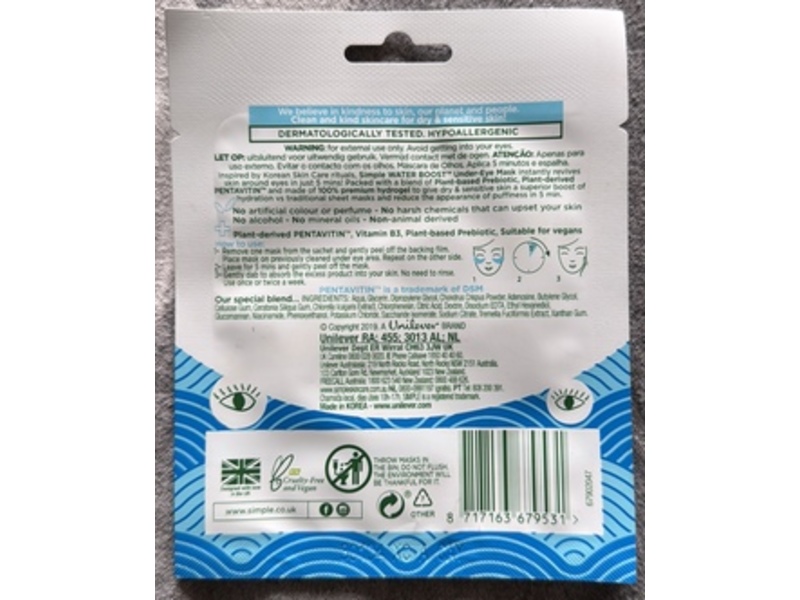 Simple Water Boost Reviving Under-Eye Hydrogel Mask, 4 g, 1 Pair