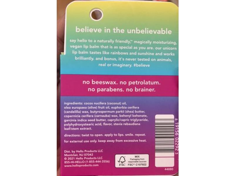 Hello Unicorn Vegan lip balm, Unicorn With Coconut Oil, 0.15 oz/4.2 g