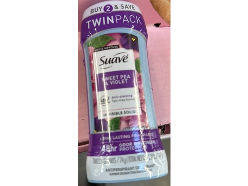 Suave Antiperspirant Deodorant Stick, Sweet Pea & Violet, 2.6 oz/74 g, Pack Of 2